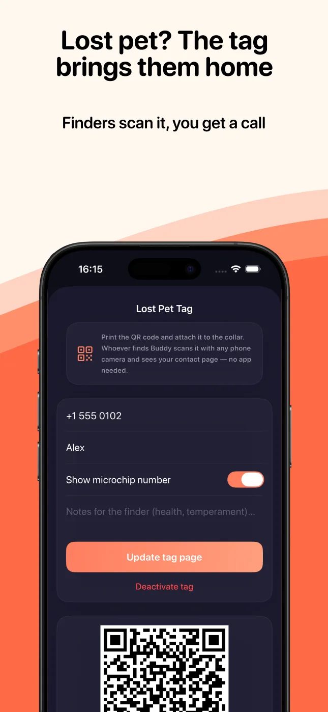 Lost pet QR tag — finders scan it, you get a call