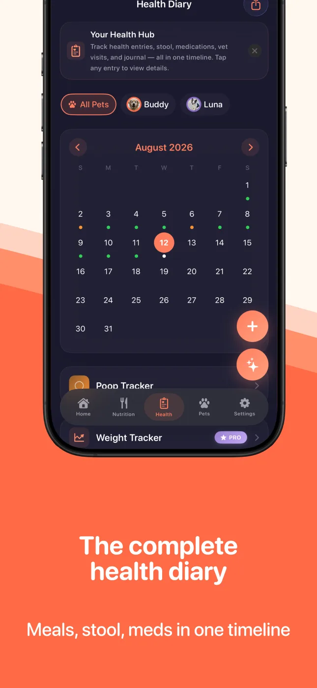 The complete health diary — meals, stool, meds in one timeline