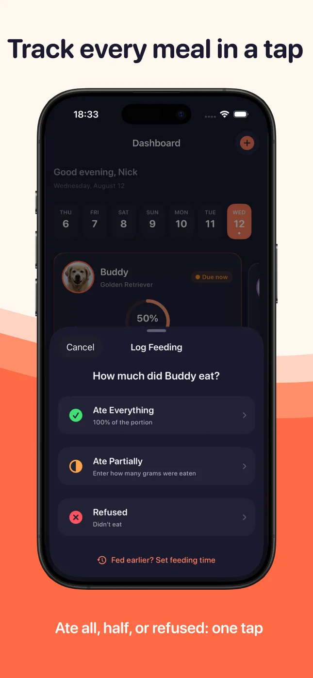 Track every meal in a tap — ate all, half, or refused